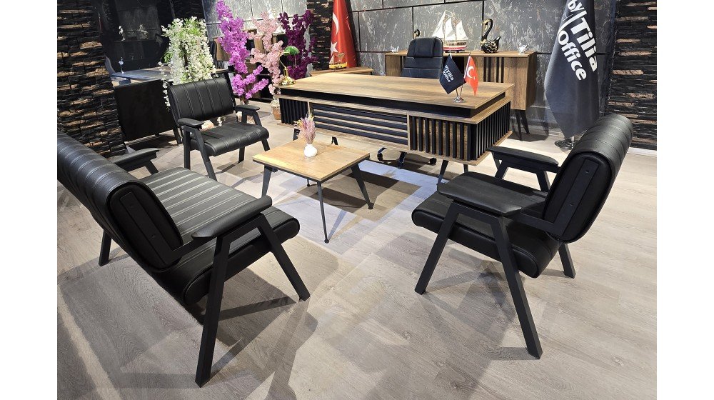 Tilia Setra modern yönetici ofis paketi; suntalam masa takımı, KNY makam koltuğu ve Lazer bekleme grubu dahil.